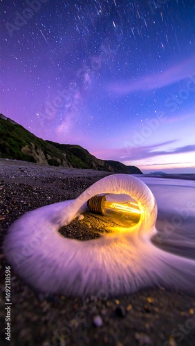 Beach at night with a luminous object in the surf