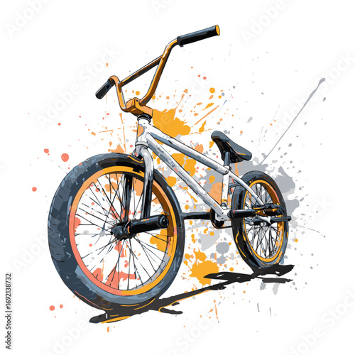 BMX bike illustration with paint splashes and bold freestyle sport background. Extreme sport theme.