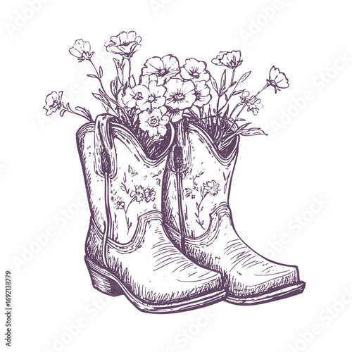 Ink vector sketch of cowgirl boots with bouquet. Vintage western style footwear drawing clipart.