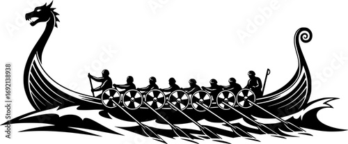 viking ship, dragon head, rowing, silhouette, black and white, waves, simple illustration, high contrast, stark lines

