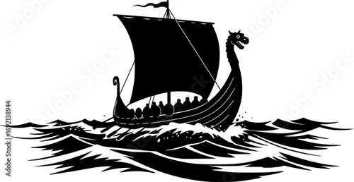 viking ship, dragon head, rowing, silhouette, black and white, waves, simple illustration, high contrast, stark lines

