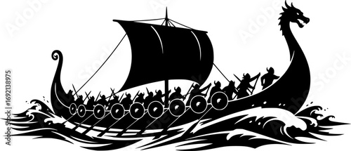 viking ship, dragon head, rowing, silhouette, black and white, waves, simple illustration, high contrast, stark lines

