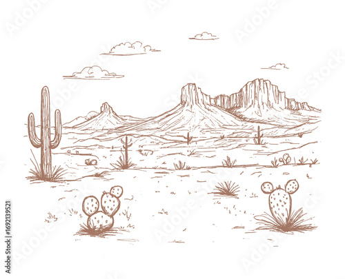 Prairie desert scene with cactuses and Western mountains. Rodeo Wild West vibe.