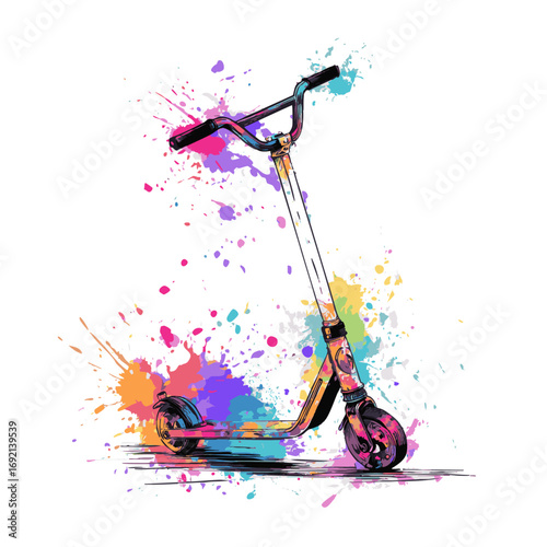 Extreme stunt scooter illustration with rainbow splashes and urban energy. Extreme sports theme.
