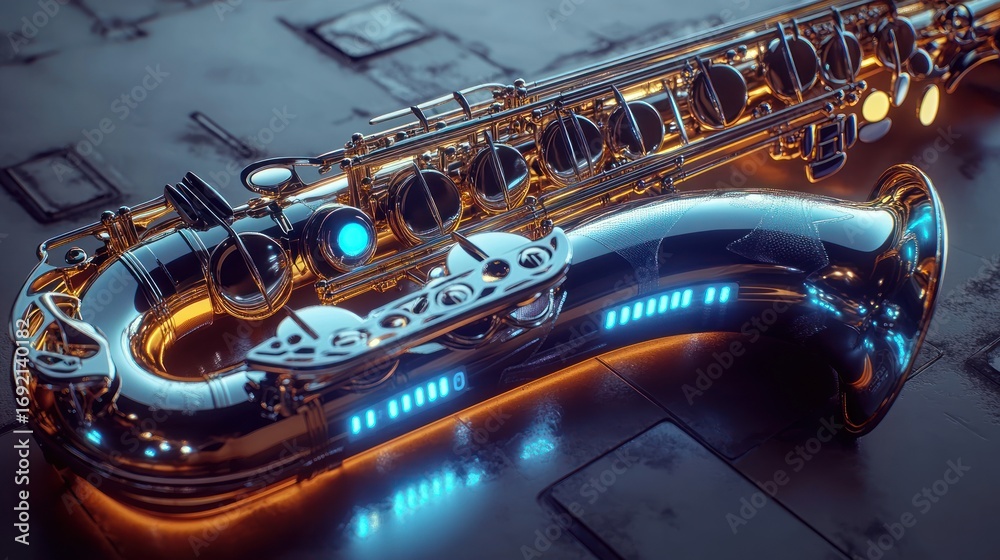 Naklejka premium Shiny saxophone with glowing blue lights