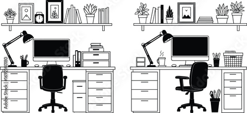 Modern minimalist office workspace setup with computer, ergonomic chair, desk lamp, indoor plants, bookshelves, stationery, home office productivity design
