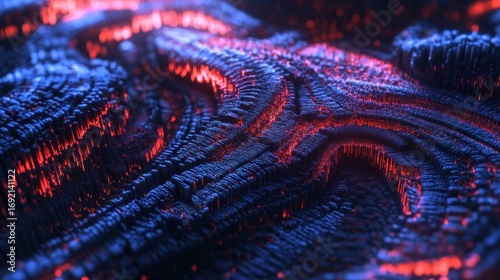 Abstract digital landscape with glowing red-blue structures