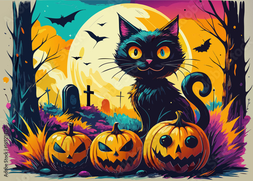 festa di Halloween, gatto nero, cimitero, ossa e zucche 02