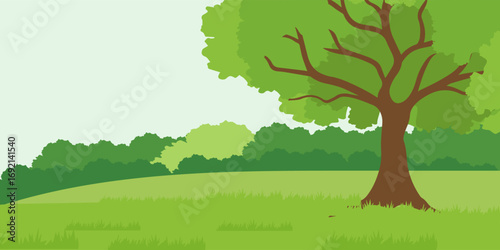 Jungle forest landscape with trees and green plants. Tropical leaf and flower frame. Cartoon style.trees. Beautiful nature landscape concept for banner, camping, magical forest. Summer or spring scene