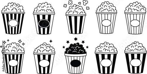 Popcorn bucket icons set, black and white striped containers, cartoon style popcorn illustration, snack food graphic, movie theater treat design