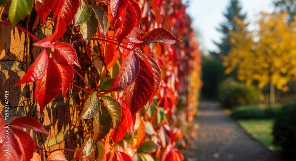 Naklejka premium Vibrant red and green autumn leaves of a climbing plant cling to a brick wall, illuminated by warm sunlight. A blurred park path and golden trees create a serene background.