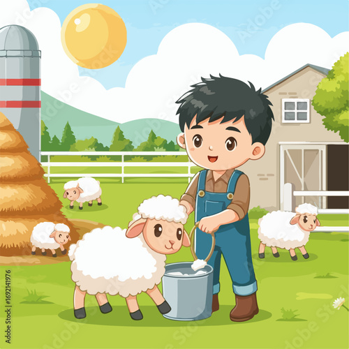 Illustration of a boy herding sheep