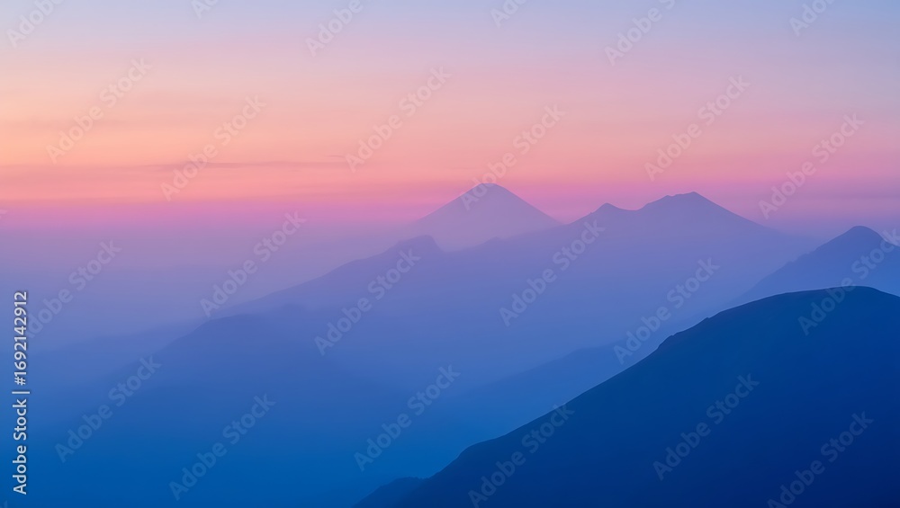Fototapeta premium Misty Mountain Peaks at Sunrise: Soft Pastel Sky