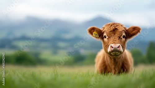 A young Highland calf with a yellow ear tag gazes calmly from a lush green pasture, mountains softly blurring in the background