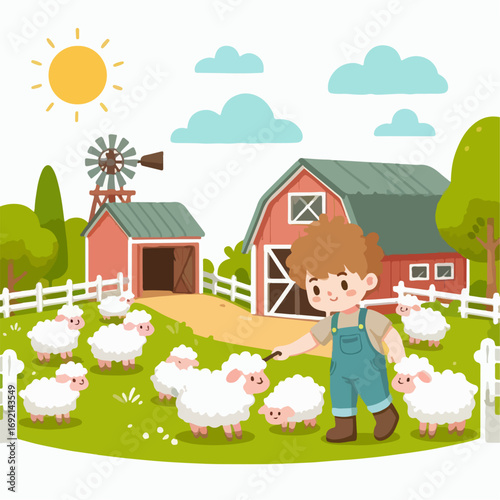 Cartoon illustration of a boy herding sheep