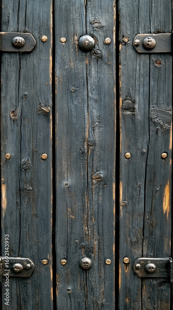 Fototapeta premium Close-up of weathered, dark charcoal wooden door or gate, showcasing its distressed planks, visible grain, and rustic metal hardware with decorative studs