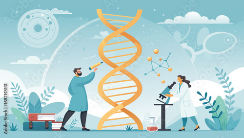 Scientists studying DNA and molecules with microscope