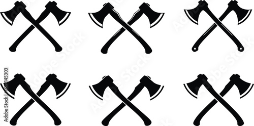 Set of crossed axe icons, black silhouette style, vector illustration, lumberjack tools, vintage design, camping, forest, woodcutting graphic art