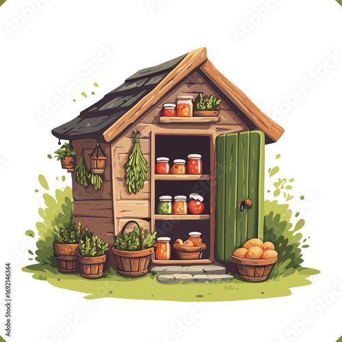 Vector illustration of small wooden food storage with jars of preserves and baskets of potatoes, isolated on white background