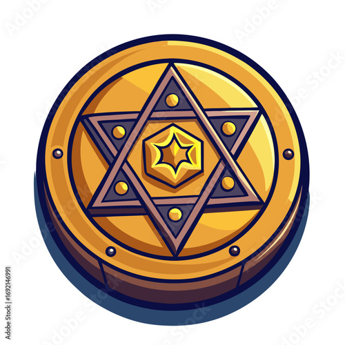 A golden circular medallion or coin featuring an intricate six-pointed star (Star of David) design with decorative elements and a central hexagonal star motif.