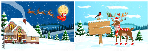 Christmas winter landscape set. House, santa flying sleigh, reindeer, bullfinch, snow, hill, tree. New year eve, holiday greeting card for kids.
