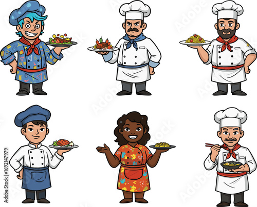 Chefs cartoon set, cooking, cuisine, pasta, noodles, meat, vegetables, culinary, restaurant, food, gourmet, professional, kitchen, dish, meal