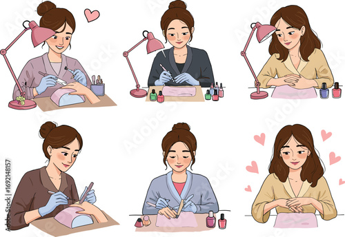Manicure process cartoon set, nail care, beauty, hands, polish, salon, grooming, self‑care, cosmetic, woman, brush, file, spa