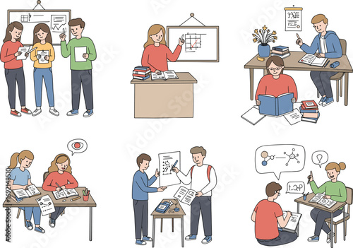 Students studying math and science cartoon set, classroom, learning, teamwork, homework, geometry, equations, collaboration, education, problem‑solving, STEM