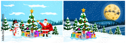 Wallpaper Mural Santa Claus and snowman near Christmas tree with gift box. Reindeer sleigh flying across full moon. Winter landscape for Christmas holiday. Torontodigital.ca