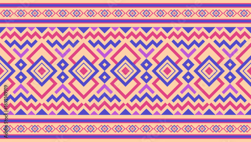 Seamless Aztec ethnic pattern in blue and orange on light orange background. Vector ethnic illustration. Illustration for fabric print, background, tribal, ethnic.