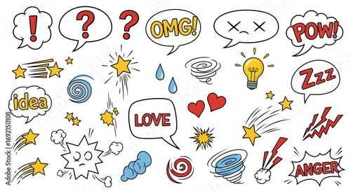 A colorful collection of hand drawn comic book speech bubbles and expression doodles.