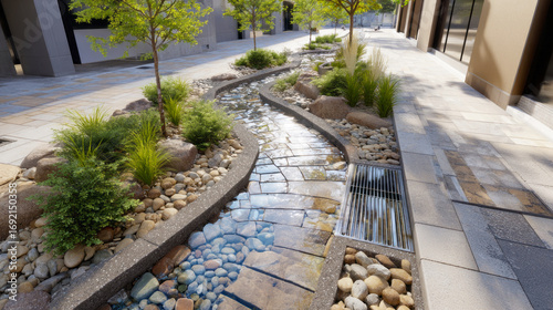 Wallpaper Mural Storm Water Flows Eco Sustainable Infrastructure streetscape with bioswale, grated drain, and vegetation. AI generative Torontodigital.ca