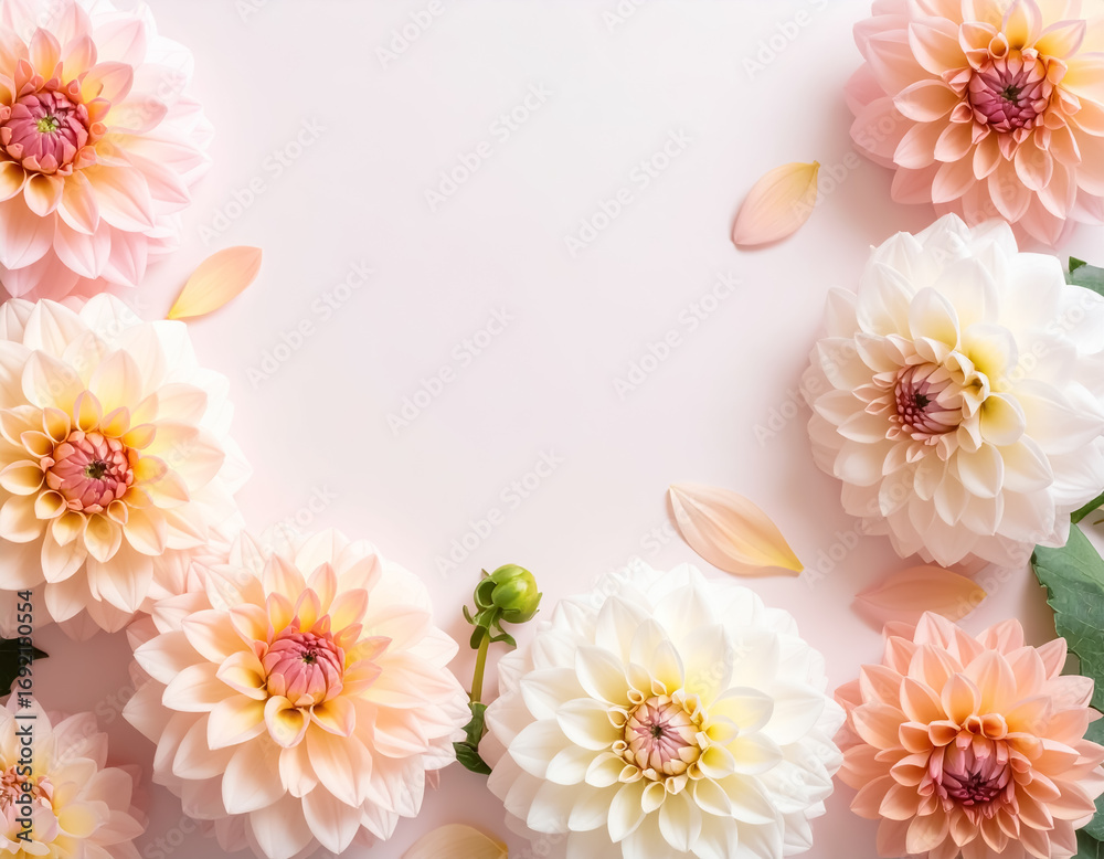 Naklejka premium コピースペース付き淡い色のダリアと花びらの装飾背景