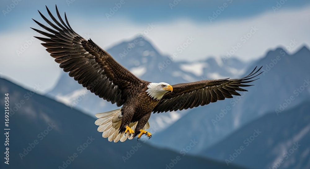 Naklejka premium Majestic bald eagle soaring with outstretched wings over rugged mountains and a blue sky, representing freedom and wilderness.