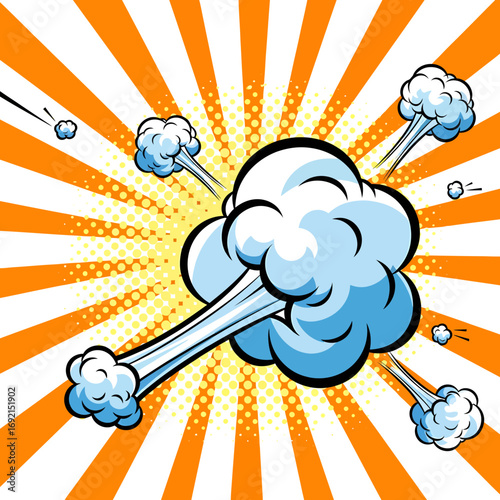 Cartoon Cloud Explosion with Radial Background Comic Style.