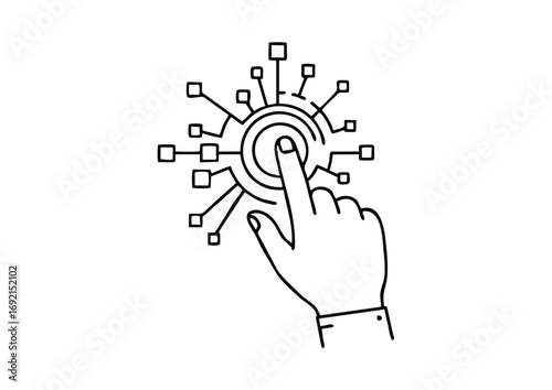 Hand Finger Touching Digital Network Or Circuit Board With Concentric Circles And Square Nodes Representing Technology And Innovation Concept