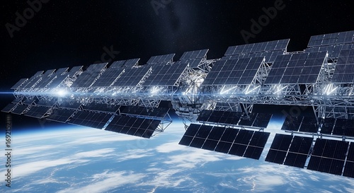 Fototapeta Naklejka Na Ścianę i Meble -  Space-Based Solar Power Station Orbiting Earth for Clean Energy.