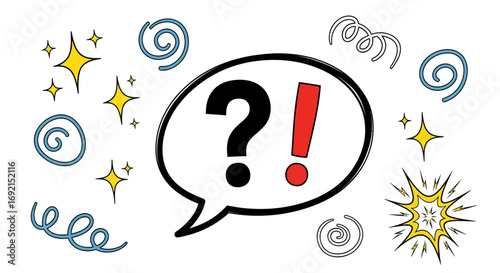 Cartoon sketch of a question and exclamation mark in a speech bubble with comic elements.