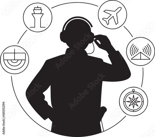 Air Traffic Controller Silhouette with Aviation Icons on Transparent Background Vector