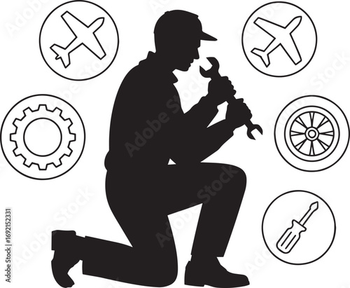 Aircraft Mechanic Silhouette with Tools and Airplane on Transparent Background