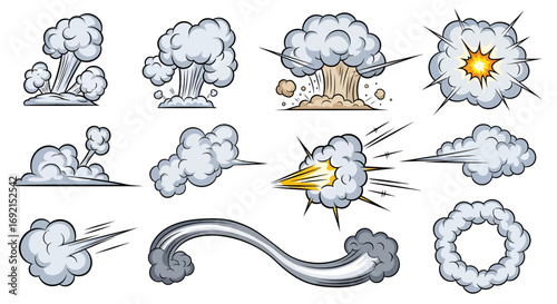 Collection of cartoon comic book explosions smoke and motion effects.