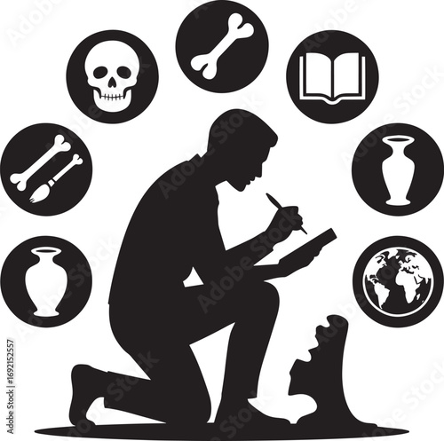 Archaeologist Digging Site Silhouette with Artifacts and Bones on Transparent Backdrop