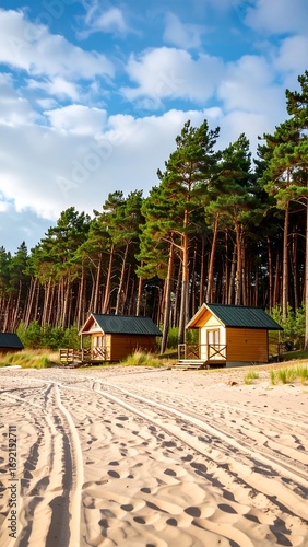 Beach cabins in a pine forest