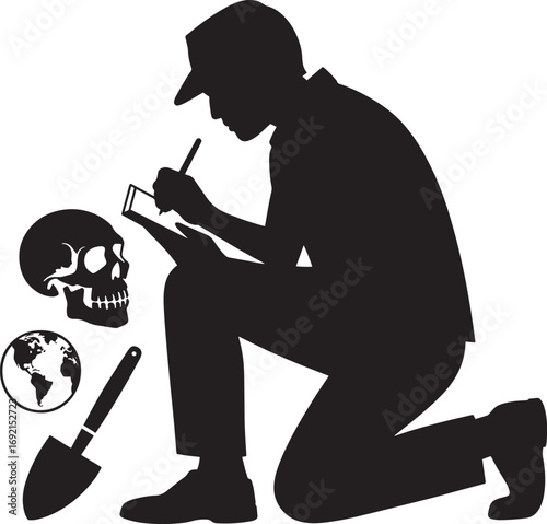 Archaeologist Digging Site Silhouette with Skull, Globe, and Shovel on Transparent BG