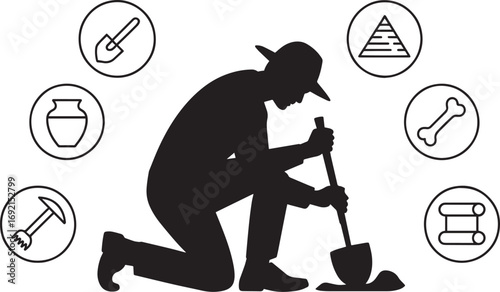 Archaeologist Silhouette Excavating Artifacts with Tools on Transparent Background