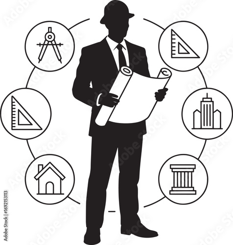 Architect Silhouette with Tools and Building Icons Encircling on a Transparent Backdrop