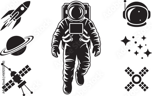Astronaut in Space with Rocket, Planet, Helmet, Stars, and Satellites on Transparent Backdrop