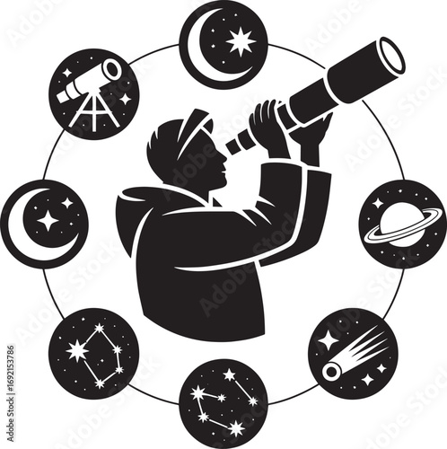 Astronomer Observing Stars Through Telescope Surrounded by Cosmic Icons in Monochrome Style