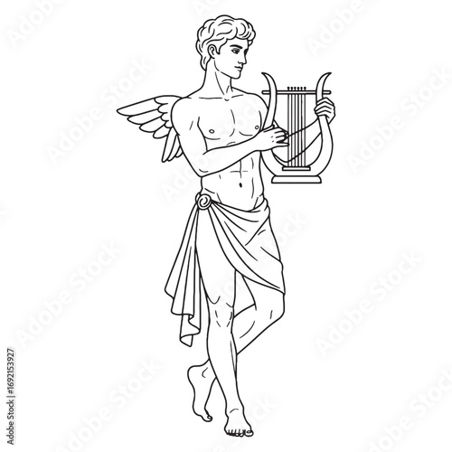 Ethereal Eros Lineart – Eros Vector Outline Drawing with Celestial Love God Symbolism – Eros Drawing – Vector of Eros – Eros Outline