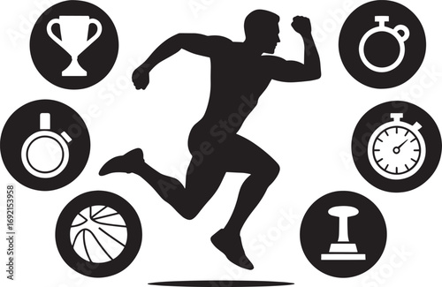 Athlete Running Surrounded by Sports Equipment Icons in Silhouette Style Illustration
